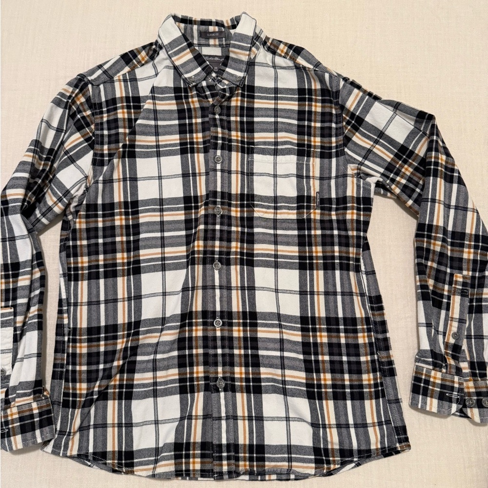 Eddie Bauer Men's Plaid Button-Down Shirt - Black, White, Tan